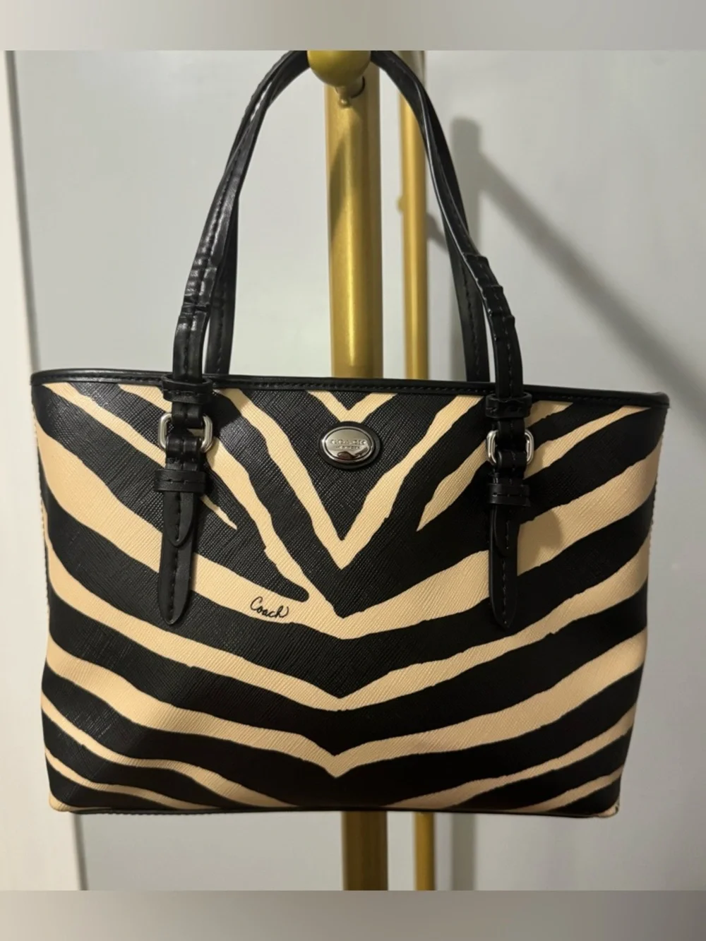 Coach Zebra-Print Mini Tote in Black and Cream - Picture 4 of 9